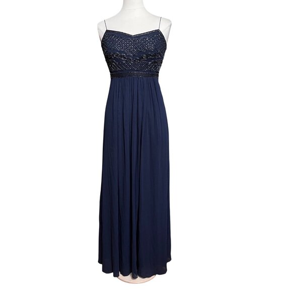 Adrianna Papell Navy Blue Beaded Maxi Dress Sweetheart Bodice Flowy Skirt Size 6 - Picture 1 of 10